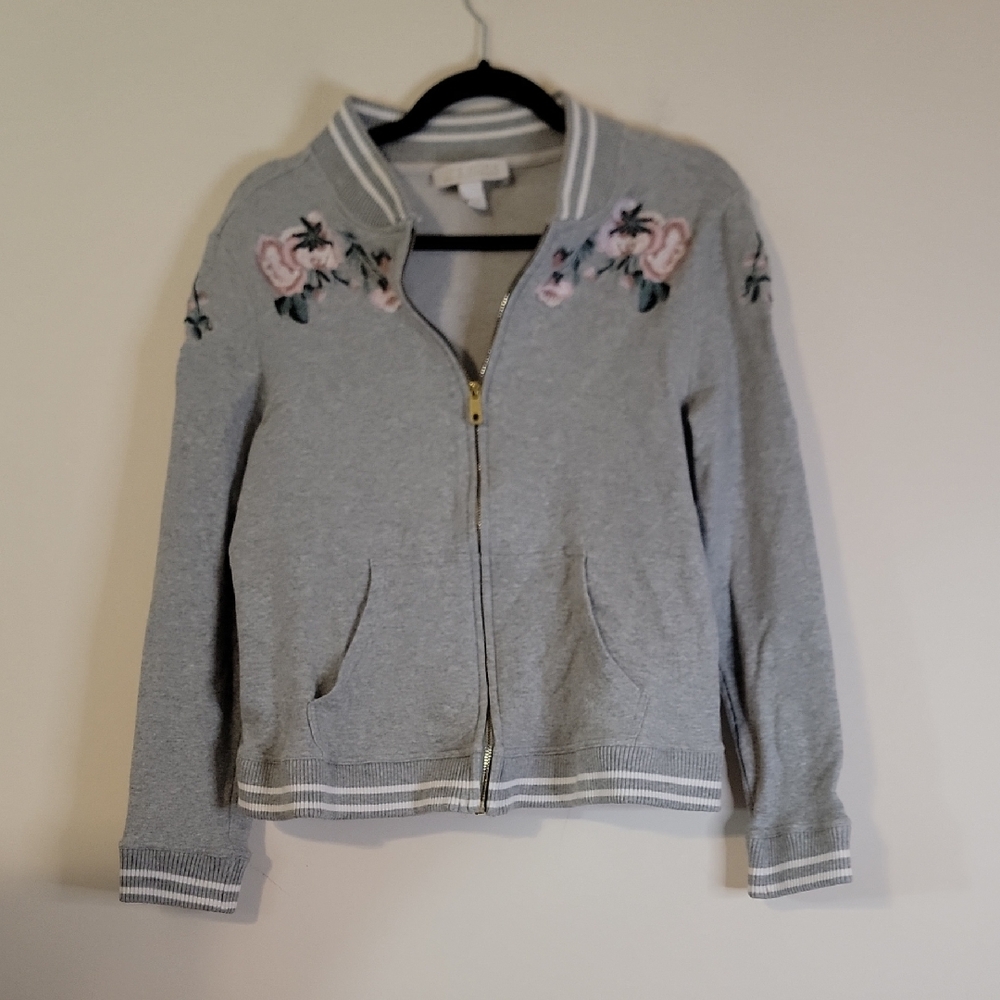 Gray Bomber Jacket with Pink Floral Embroidery